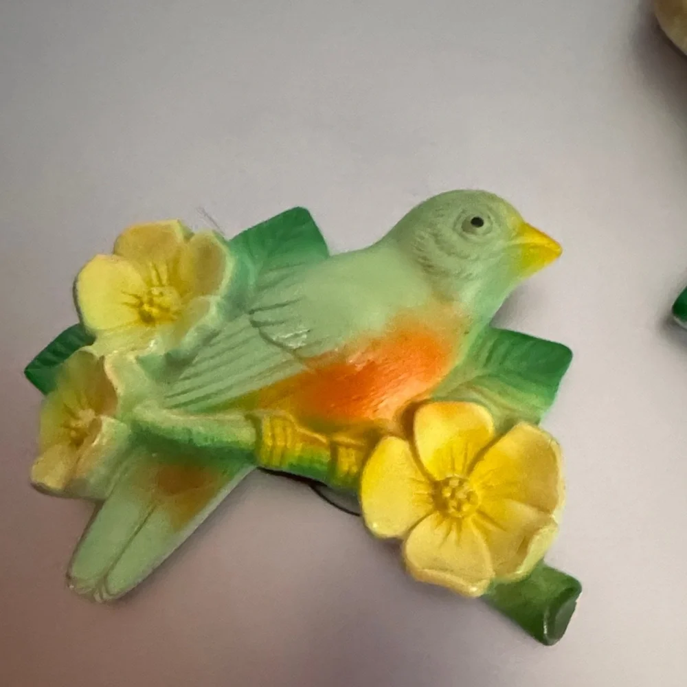 Vintage Green & Yellow , Chalkware Decorative Bird Figurine with Floral Accents